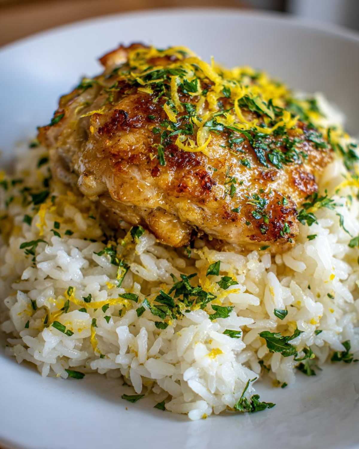 Close-up of crispy chicken thigh served over white rice, garnished with lemon zest and fresh parsley for One-Pot Chicken and Rice with Lemon and Herbs.