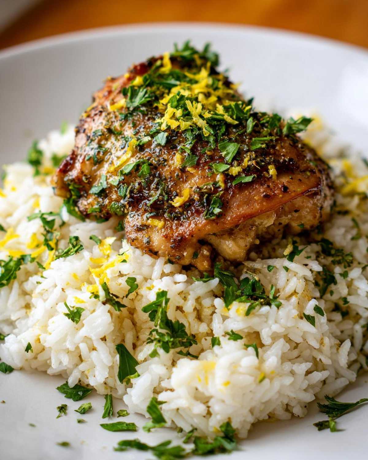 Close-up of One-Pot Chicken and Rice with Lemon and Herbs, featuring a seasoned chicken thigh over white rice, topped with parsley and lemon zest.