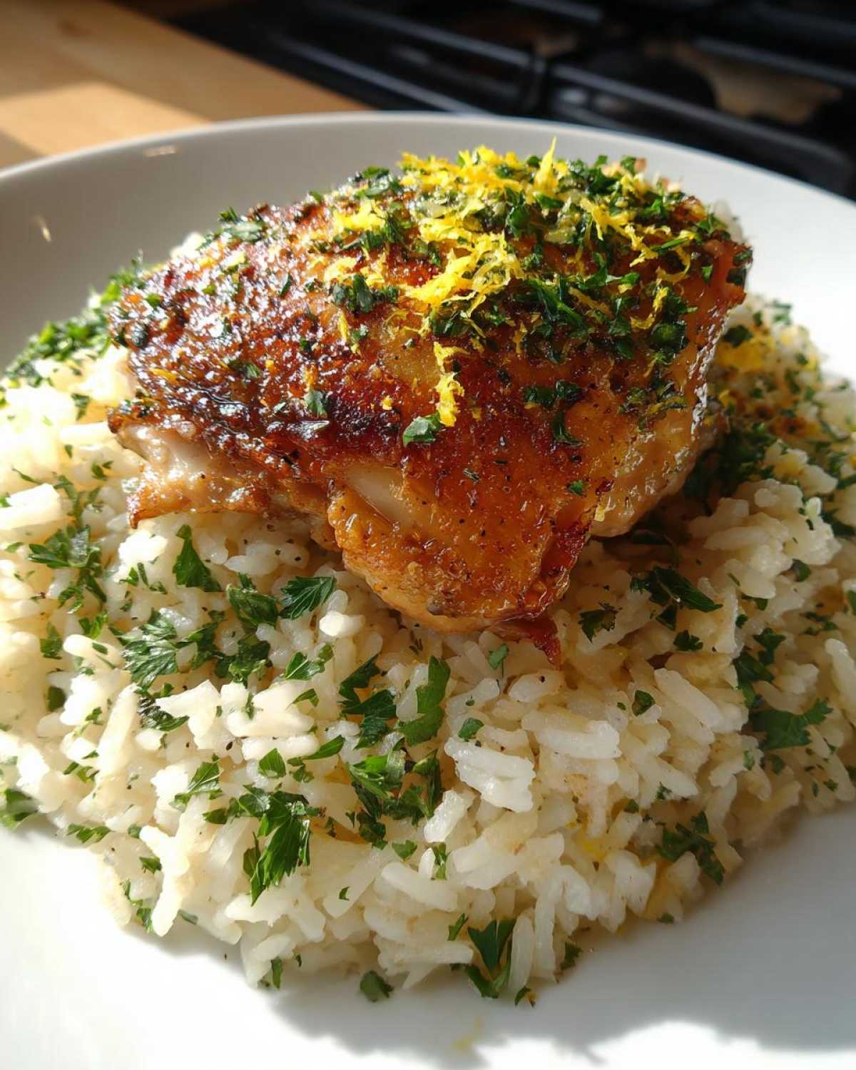 Crispy chicken thigh served over fluffy rice, garnished with fresh parsley and bright lemon zest for One-Pot Chicken and Rice with Lemon and Herbs.