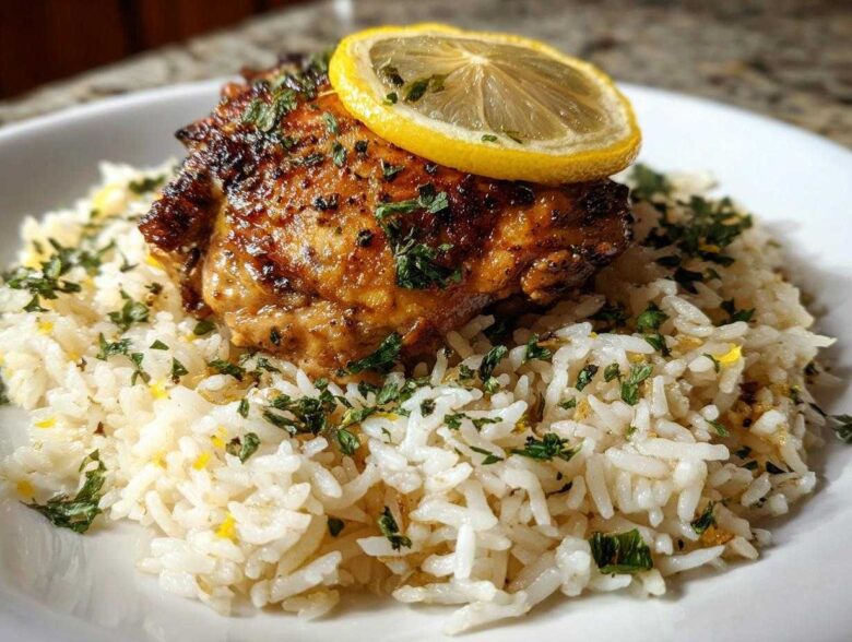 A perfectly cooked piece of chicken served over fluffy white rice, garnished with herbs and a lemon slice for One-Pot Chicken and Rice with Lemon and Herbs.