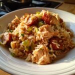 Close-up of a serving of One-Pot Chicken Jambalaya featuring rice, chicken chunks, and sliced sausage.