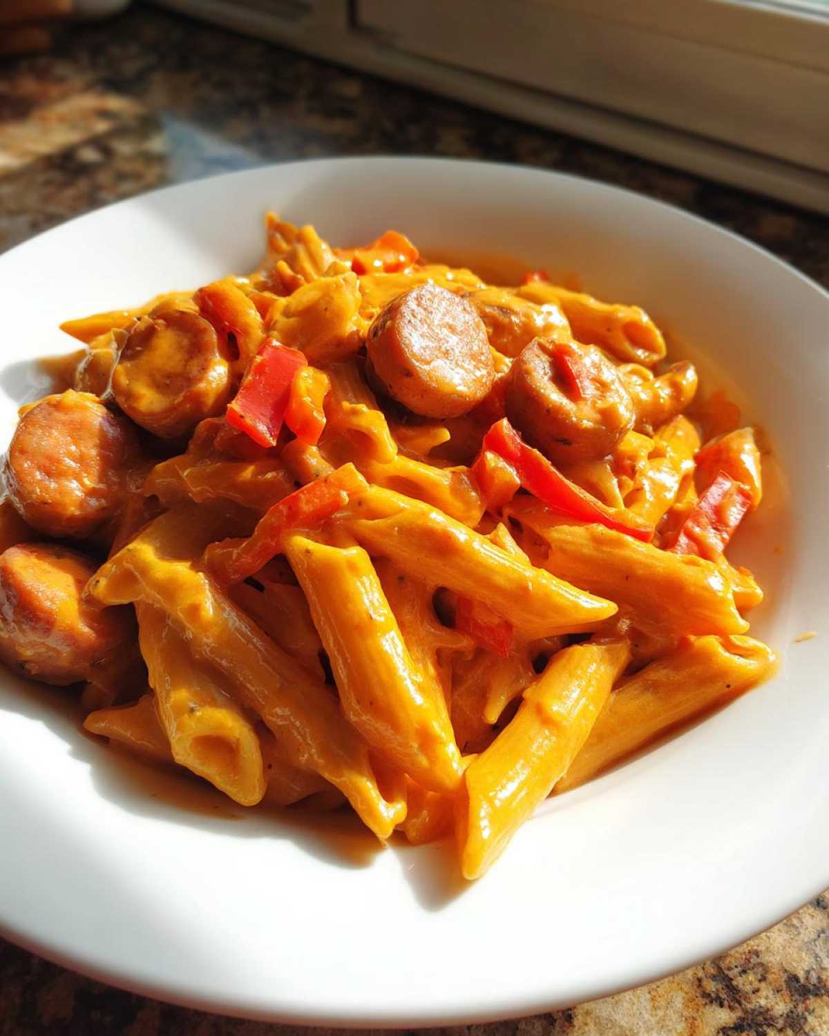 Close-up of a white bowl filled with One-Pot Creamy Cajun Sausage Pasta featuring penne, sliced sausage, and red peppers.
