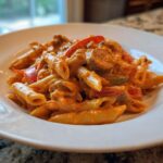 A close-up of a white bowl filled with One-Pot Creamy Cajun Sausage Pasta, featuring penne, sausage slices, and peppers.