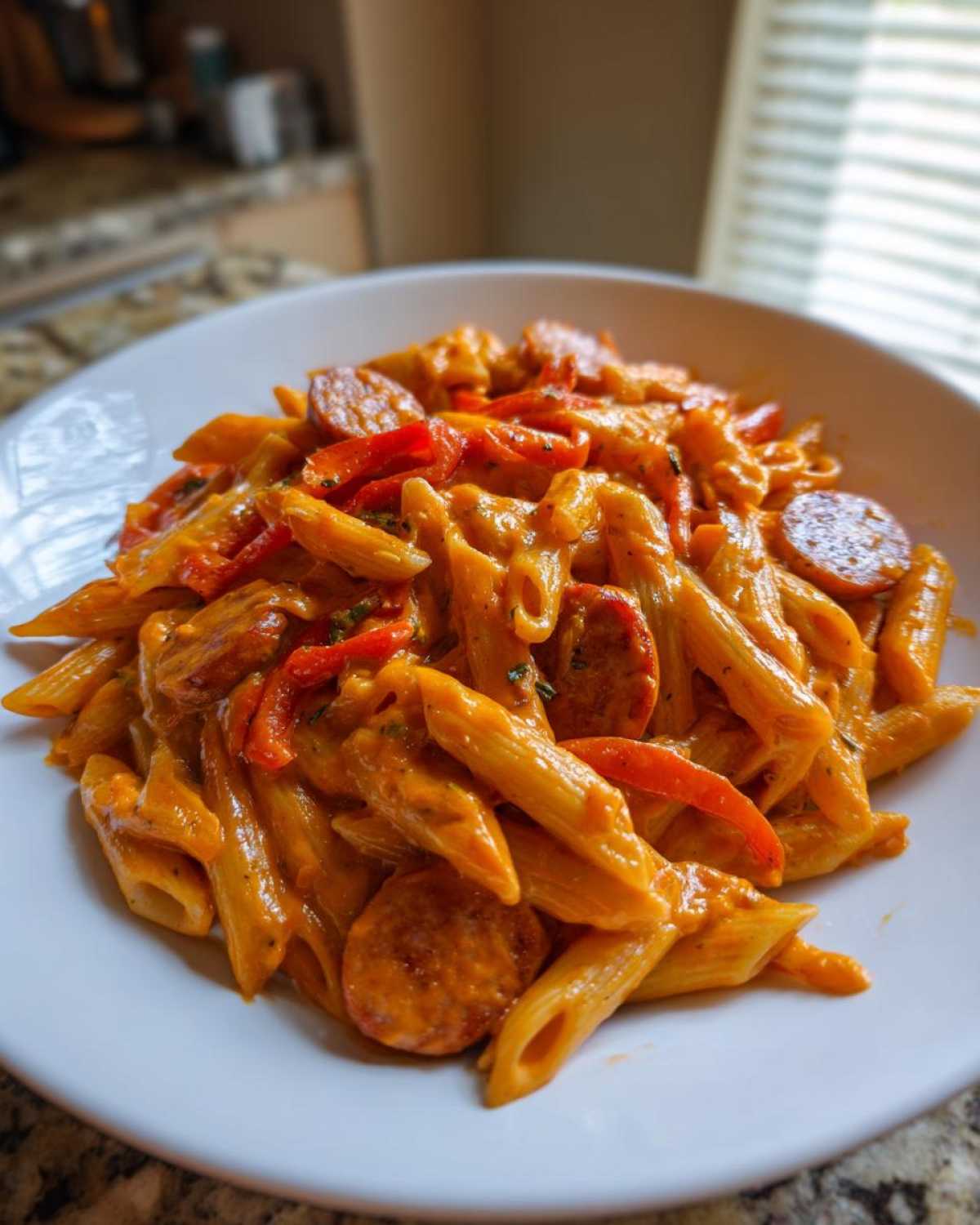 A close-up of a white bowl filled with One-Pot Creamy Cajun Sausage Pasta, featuring penne, sausage, and red peppers.