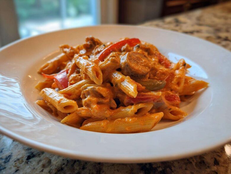 A close-up of a white bowl filled with One-Pot Creamy Cajun Sausage Pasta, featuring penne, sausage slices, and peppers.