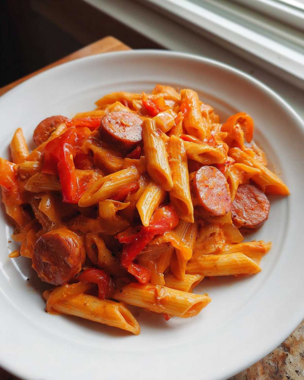 A close-up serving of One-Pot Creamy Cajun Sausage Pasta with penne, sliced sausage, and red peppers.