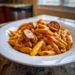 Close-up of a white bowl filled with One-Pot Creamy Cajun Sausage Pasta, featuring penne pasta and sliced sausage.