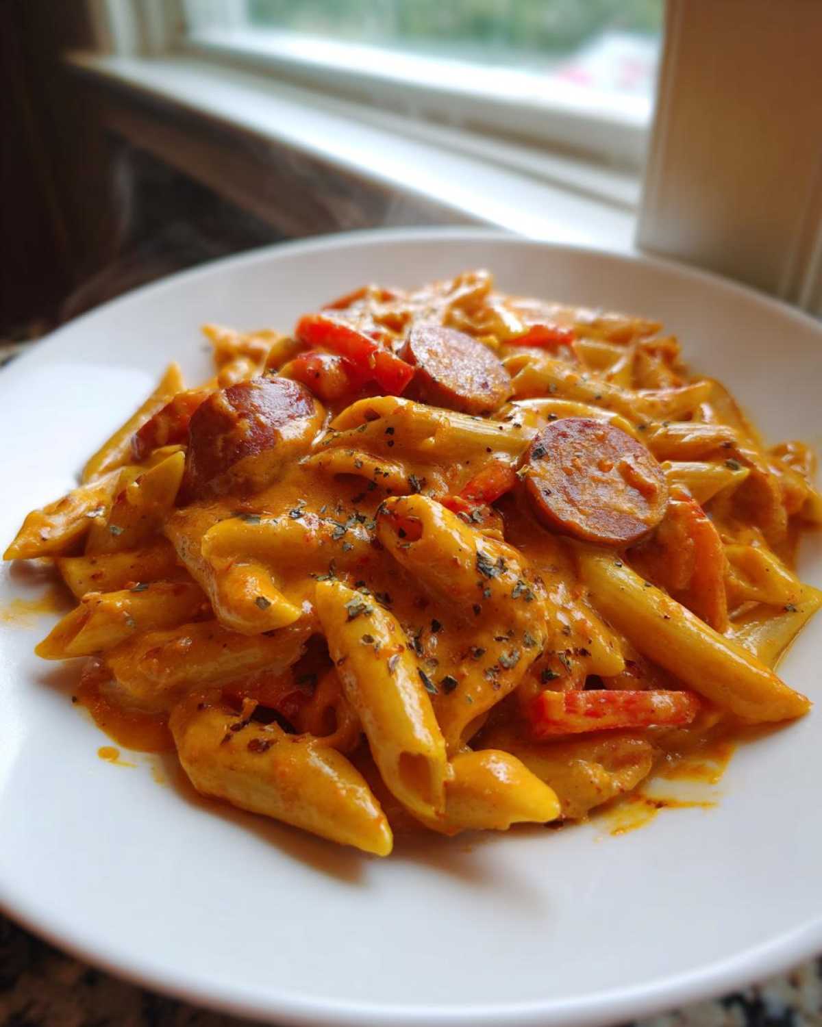 A close-up of a white plate filled with One-Pot Creamy Cajun Sausage Pasta, featuring penne, sliced sausage, and red peppers.