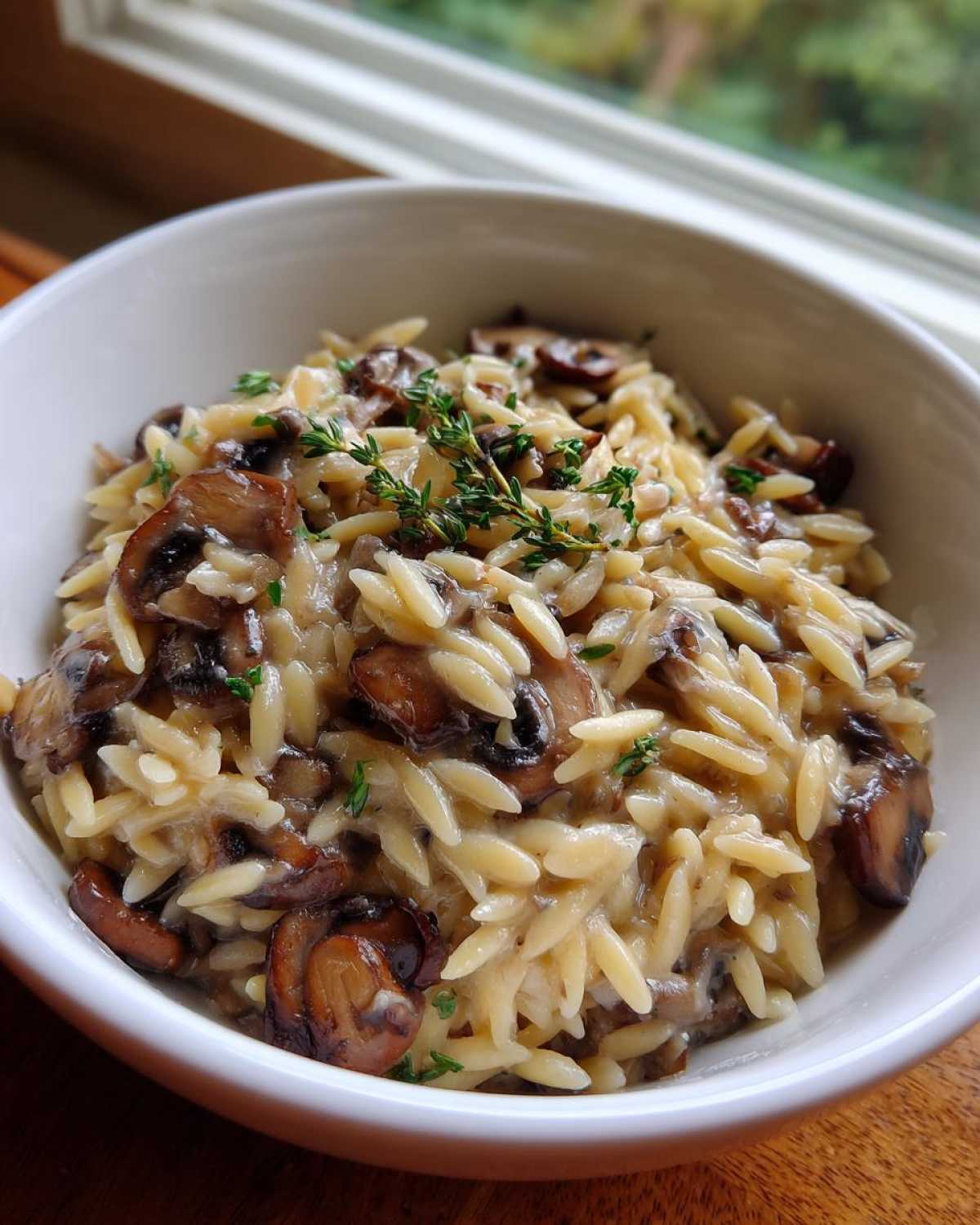 Close-up of One-Pot Creamy Mushroom Orzo served in a white bowl, garnished with fresh thyme sprigs.