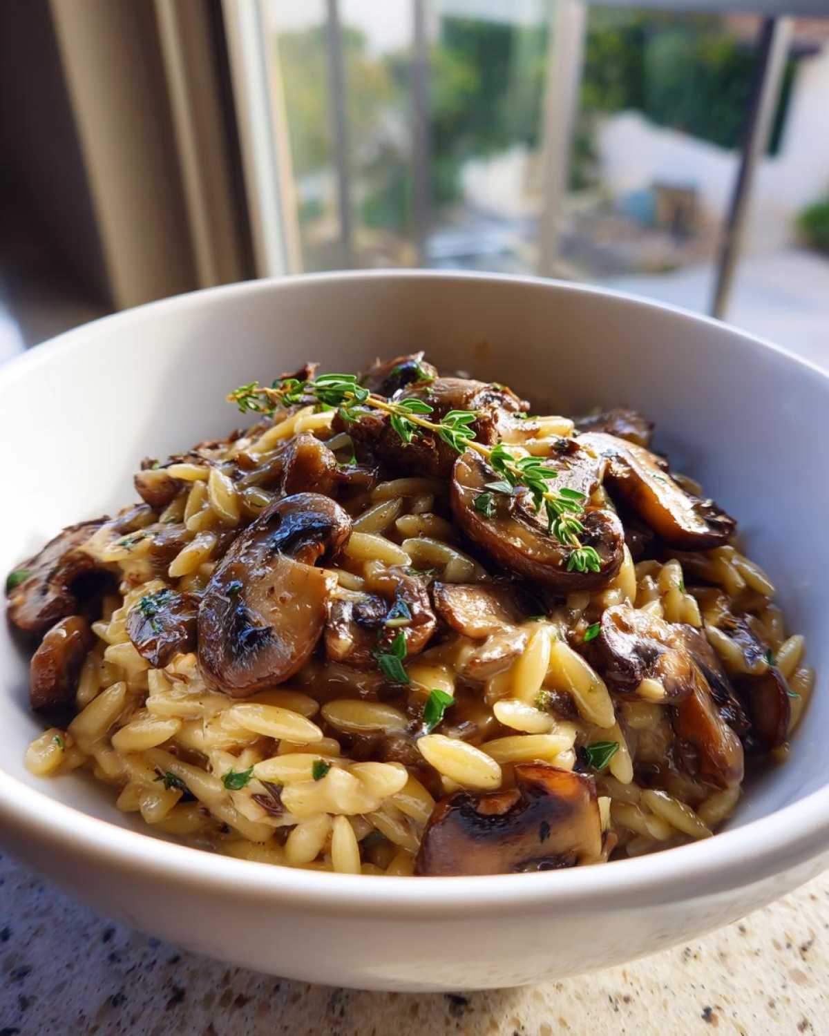 A close-up of a white bowl filled with One-Pot Creamy Mushroom Orzo, topped with sautéed mushrooms and fresh thyme.