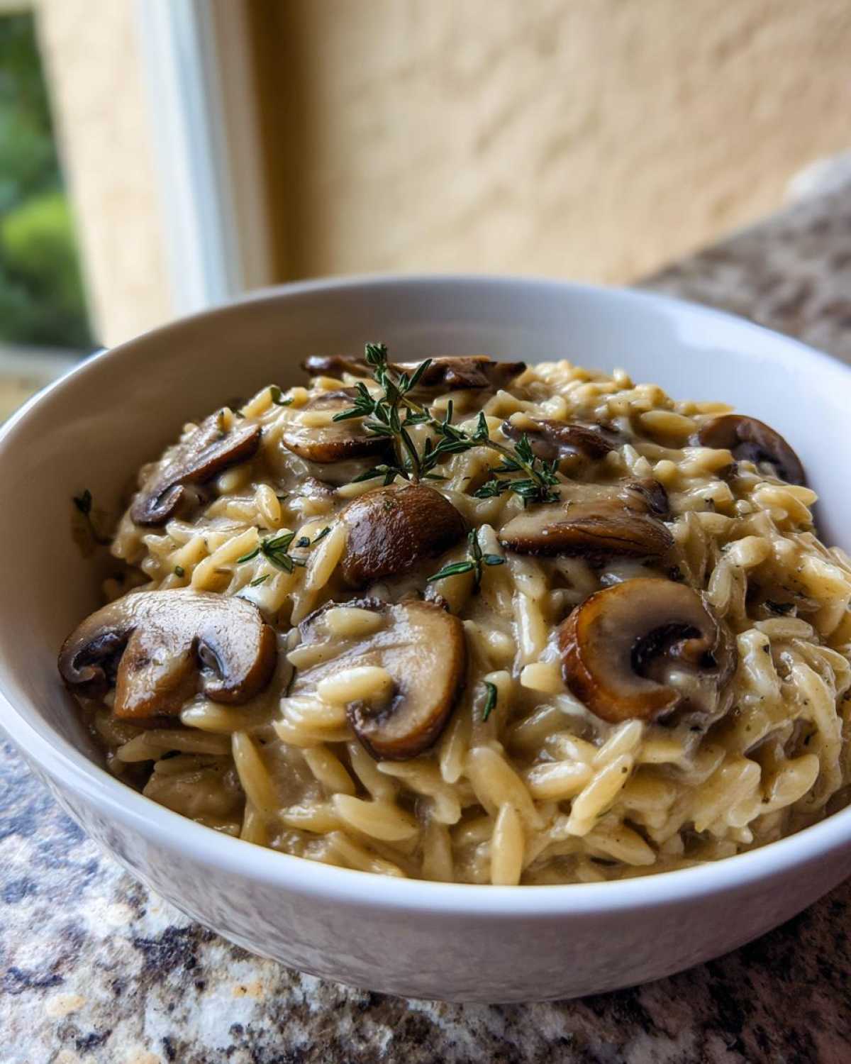 Close-up of a white bowl filled with One-Pot Creamy Mushroom Orzo, topped with sautéed mushrooms and thyme.