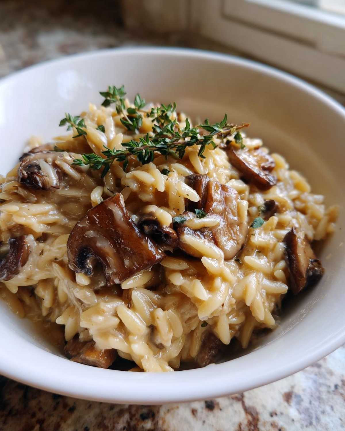 Close-up of creamy mushroom orzo pasta topped with fresh thyme in a white bowl.