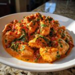 Close-up of tender chicken pieces coated in a rich, creamy sun-dried tomato sauce with spinach, served in a white bowl.