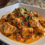 A close-up view of One-Pot Creamy Sun-Dried Tomato Chicken served in a white bowl, rich with orange sauce and spinach.