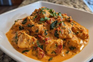 A close-up view of One-Pot Creamy Sun-Dried Tomato Chicken served in a white bowl, rich with orange sauce and spinach.