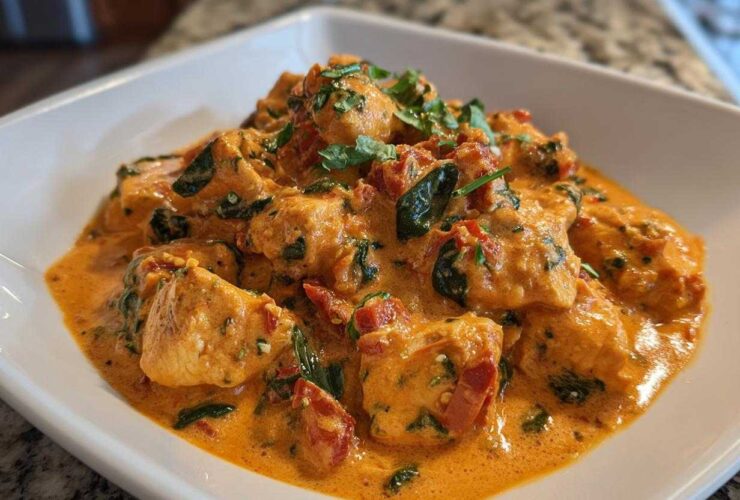 A close-up view of One-Pot Creamy Sun-Dried Tomato Chicken served in a white bowl, rich with orange sauce and spinach.