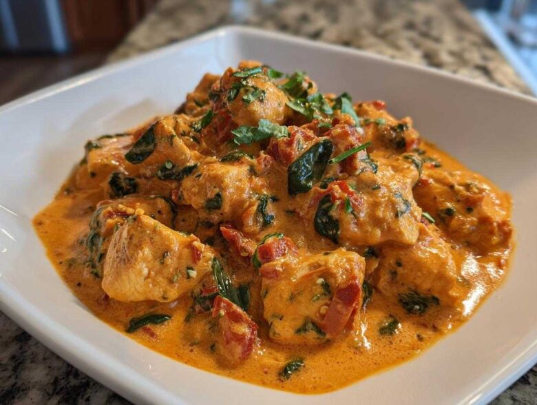 A close-up view of One-Pot Creamy Sun-Dried Tomato Chicken served in a white bowl, rich with orange sauce and spinach.
