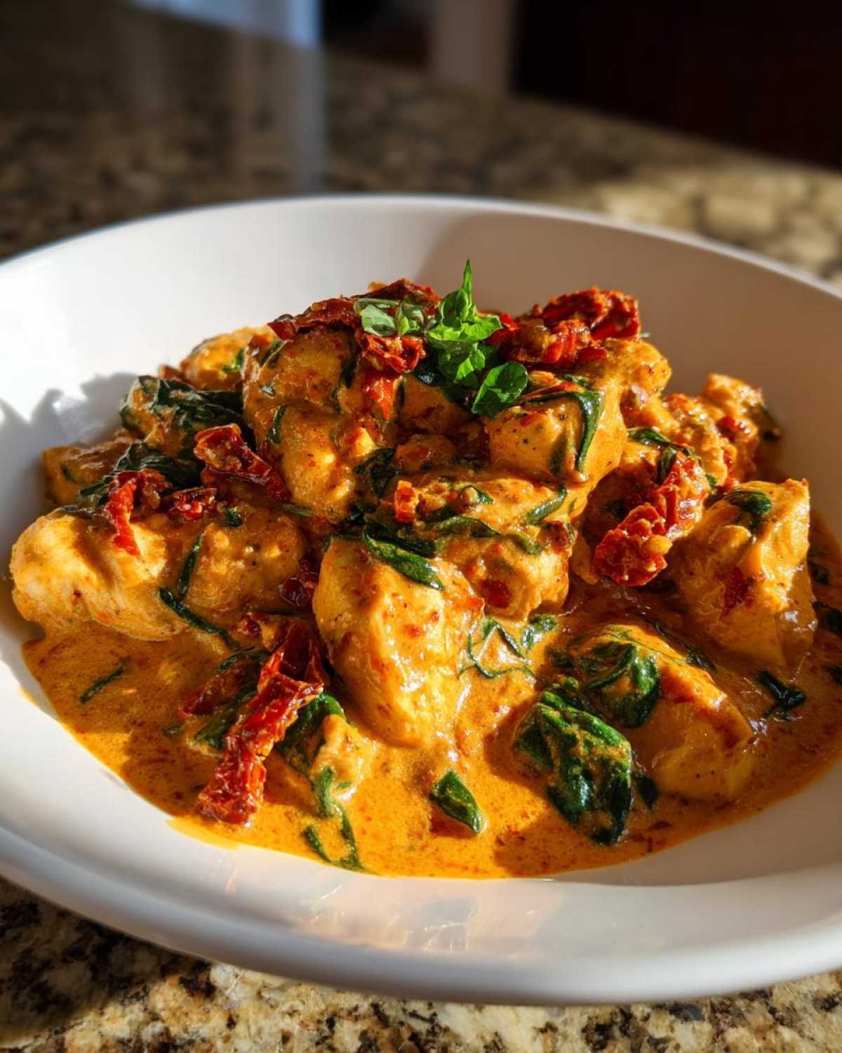 Close-up of One-Pot Creamy Sun-Dried Tomato Chicken pieces coated in rich orange sauce with spinach and sun-dried tomatoes.