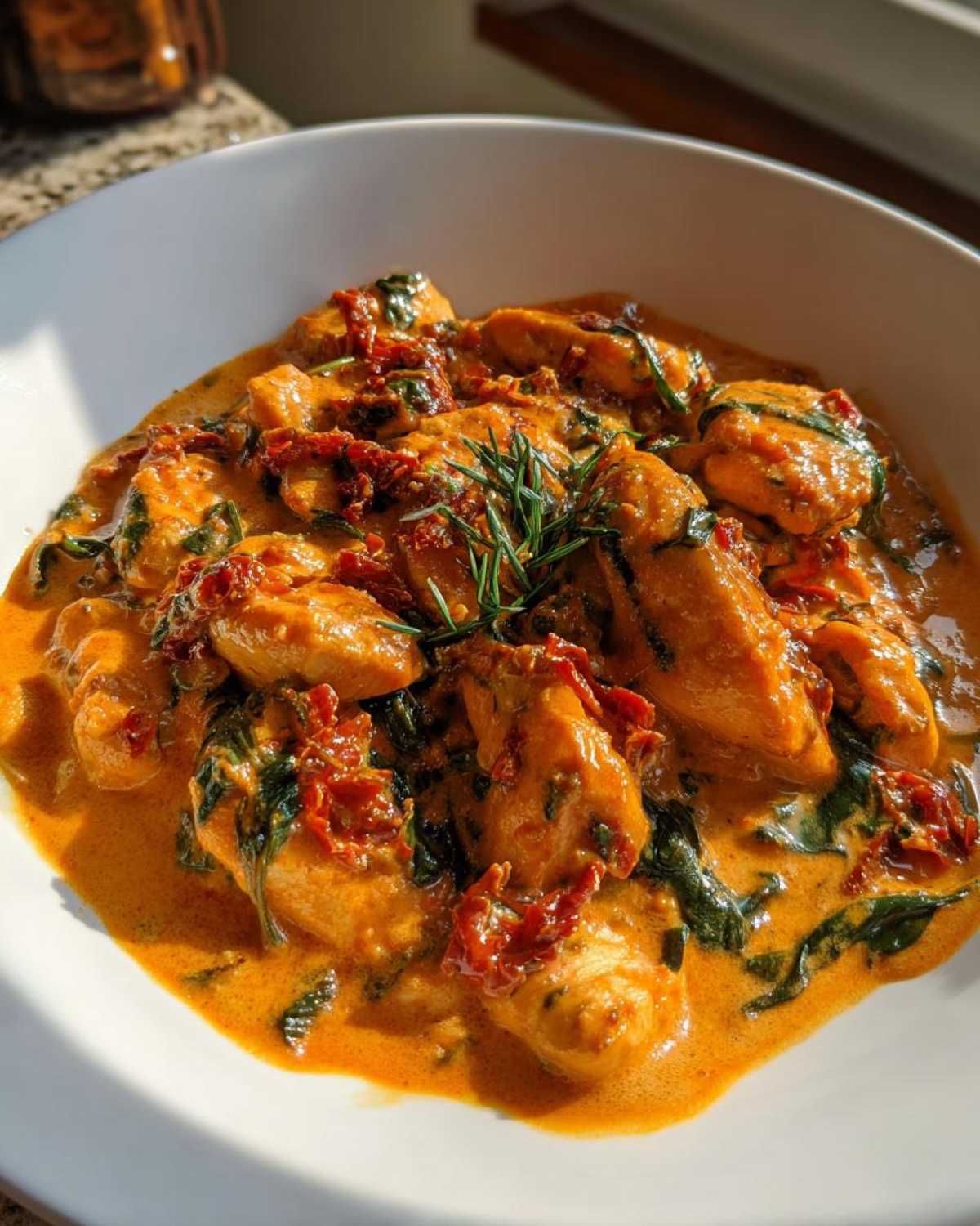 A close-up of One-Pot Creamy Sun-Dried Tomato Chicken served in a white bowl, garnished with rosemary.