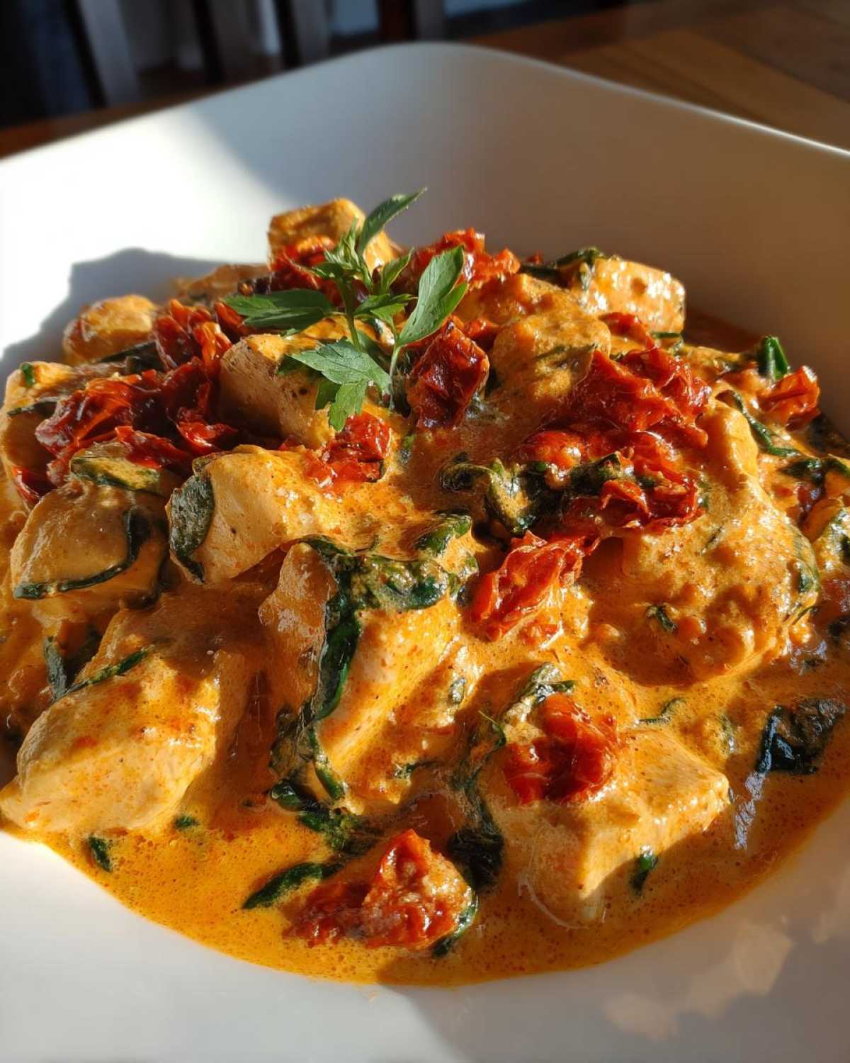 Close-up of tender chicken pieces coated in a rich, orange, creamy sauce with spinach and sun-dried tomatoes: One-Pot Creamy Sun-Dried Tomato Chicken.