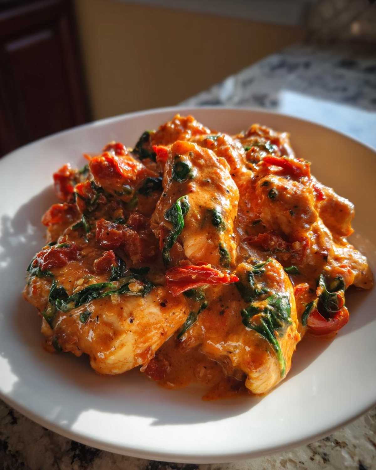 A serving of One-Pot Creamy Sun-Dried Tomato Chicken with spinach and sun-dried tomatoes in a rich orange sauce on a white plate.