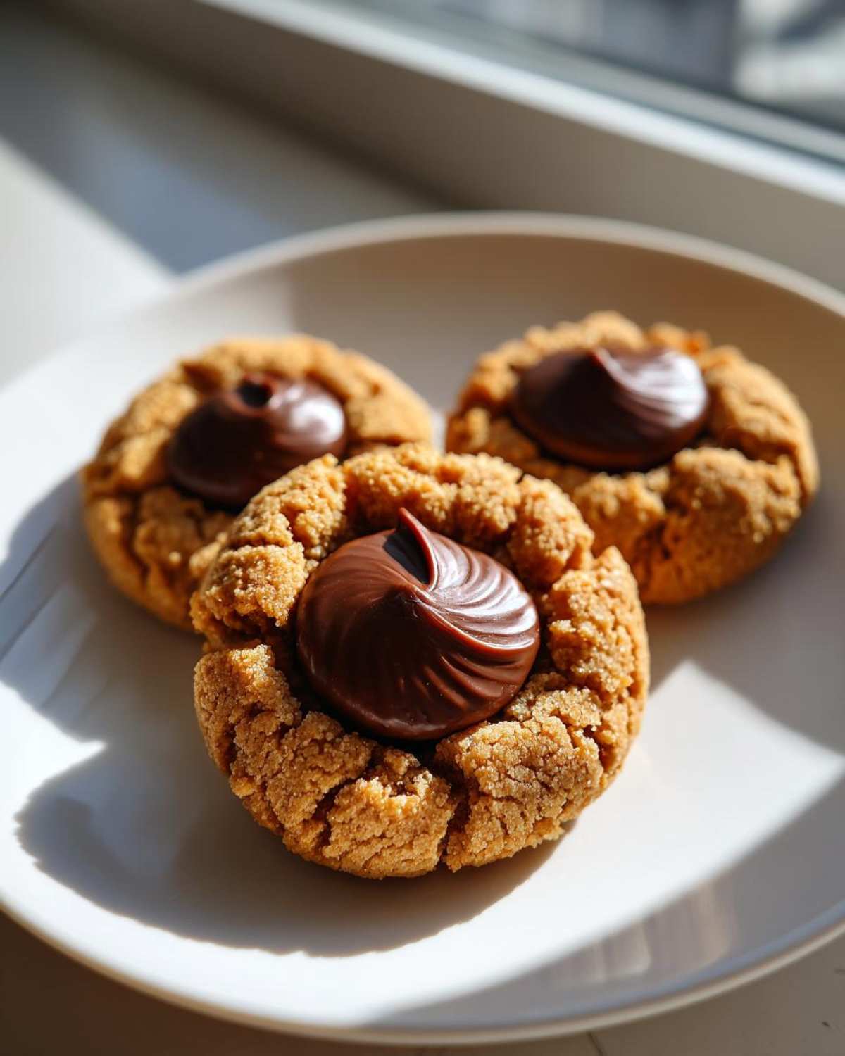 Three delicious Peanut Butter Blossom Cookies with a swirl of chocolate frosting on a white plate.