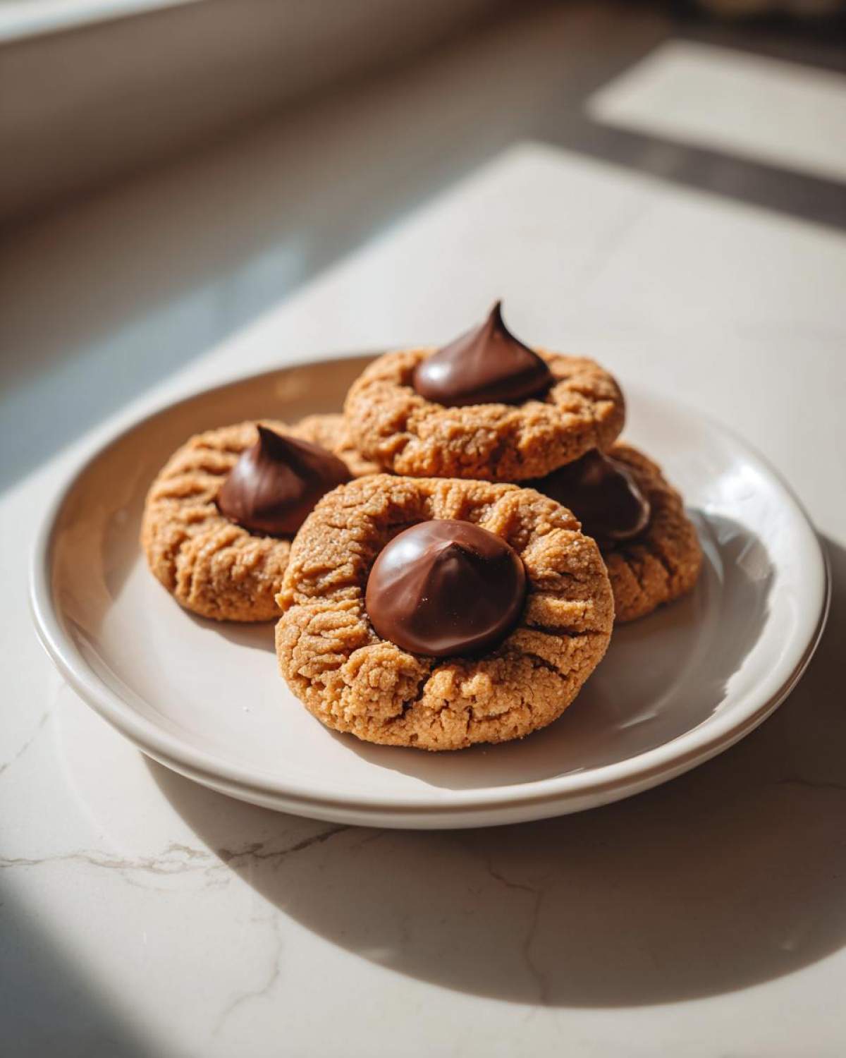 A stack of four classic Peanut Butter Blossom Cookies with chocolate kisses on a light plate.