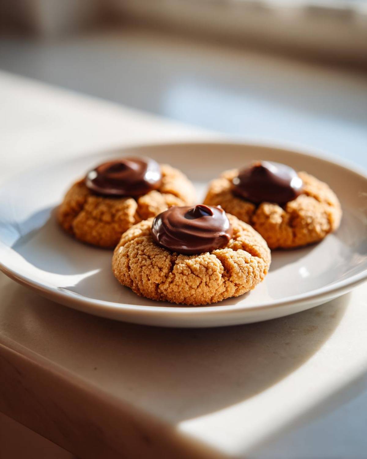 Three delicious Peanut Butter Blossom Cookies with a swirl of melted chocolate on top, sitting on a white plate.