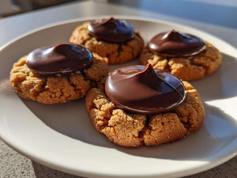 Four classic Peanut Butter Blossom Cookies with a dollop of melted chocolate frosting on a white plate.