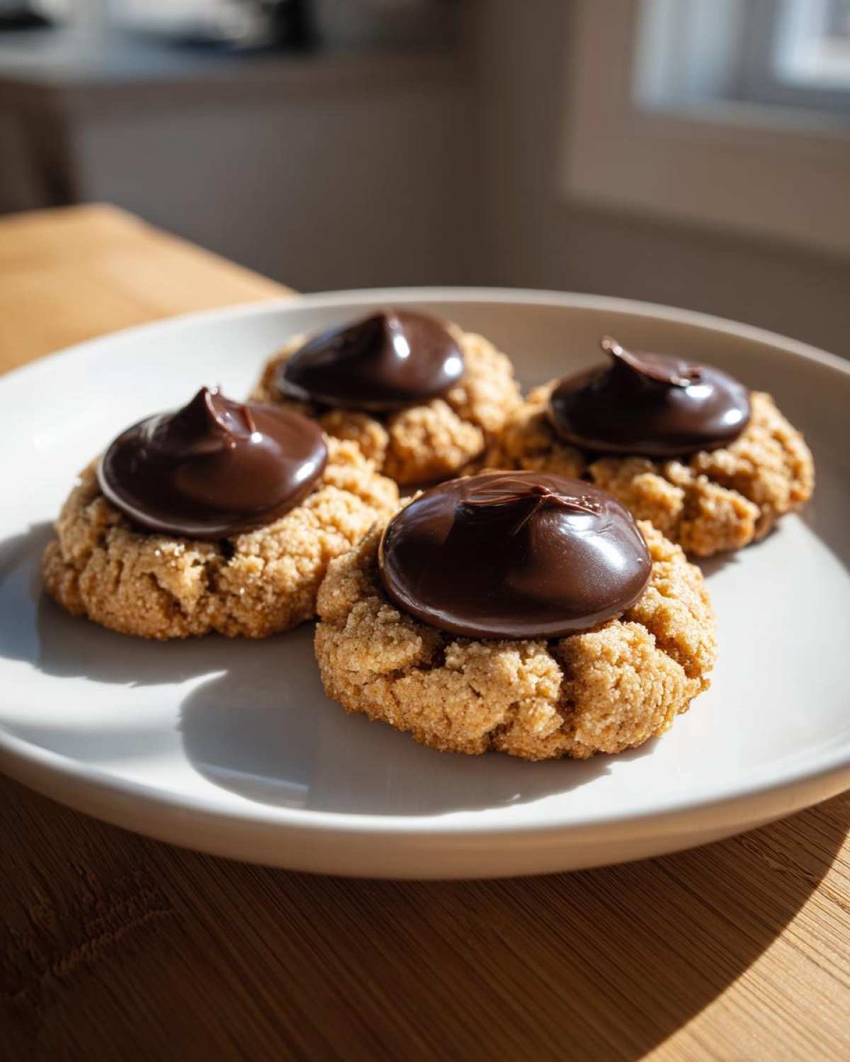 Four freshly baked Peanut Butter Blossom Cookies topped with glossy chocolate kisses on a white plate.