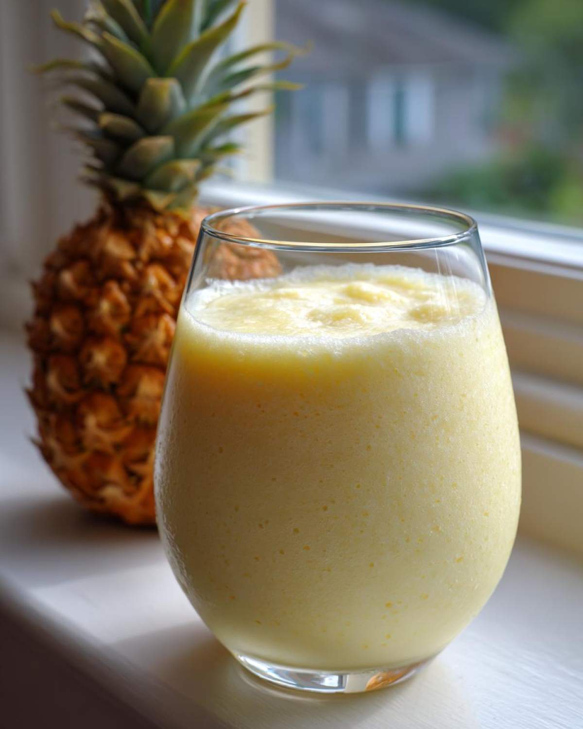 A creamy Pineapple Coconut Smoothie in a glass next to a whole pineapple on a windowsill.