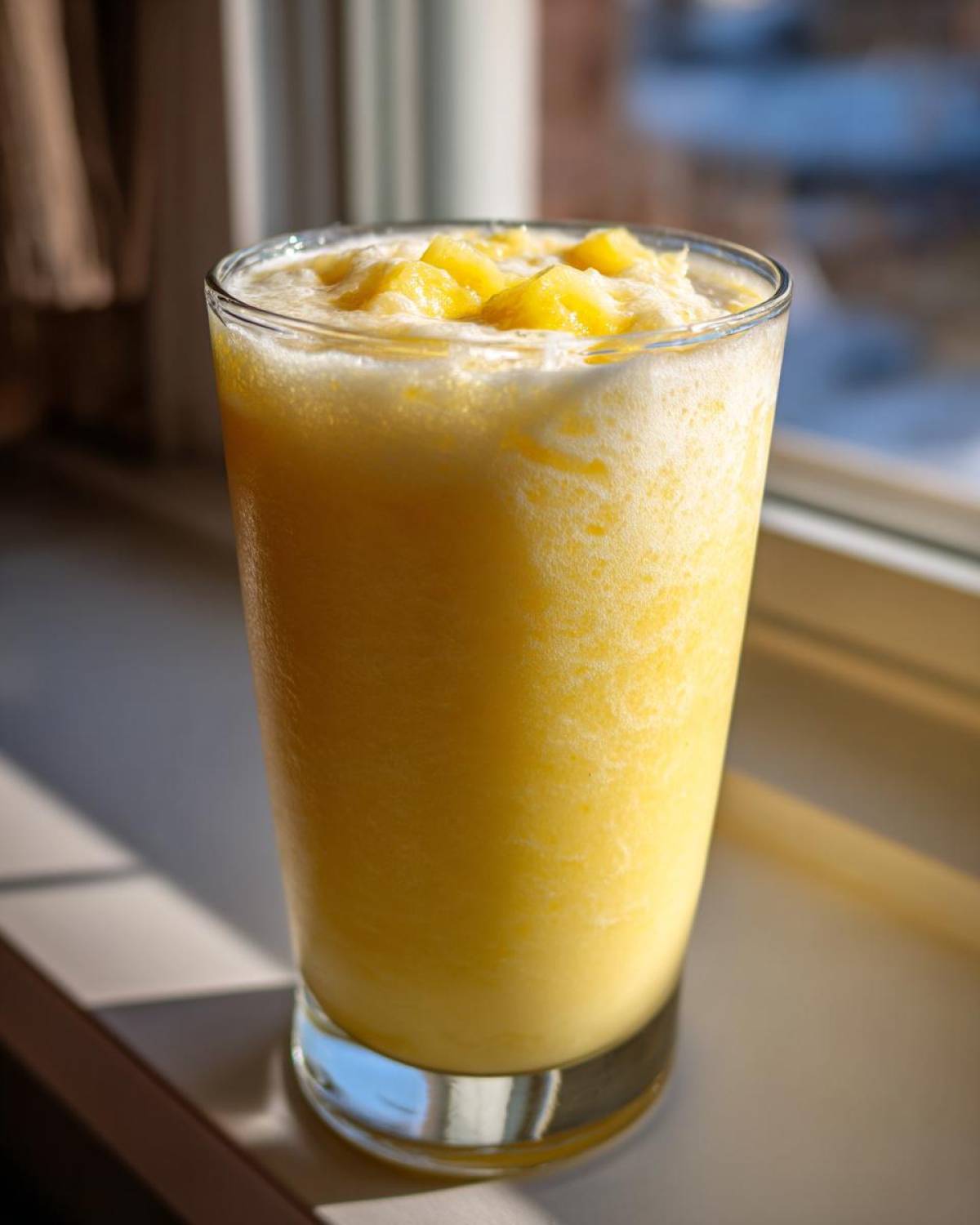 A tall glass filled with a bright yellow Pineapple Coconut Smoothie, topped with chunks of pineapple.