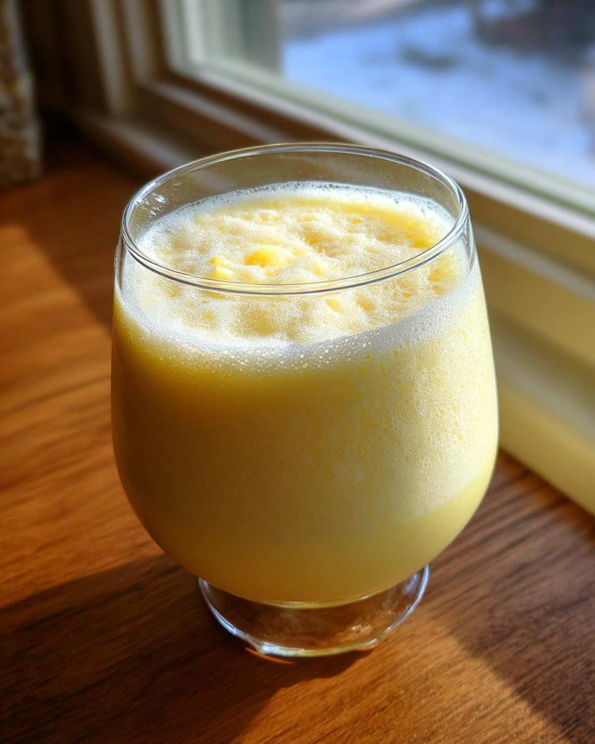 A close-up of a tall glass filled with a frothy, yellow Pineapple Coconut Smoothie sitting on a wooden surface near a window.