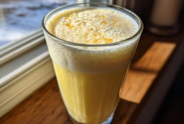 A tall glass filled with a bright yellow Pineapple Coconut Smoothie, topped with foam, sitting on a wooden windowsill.