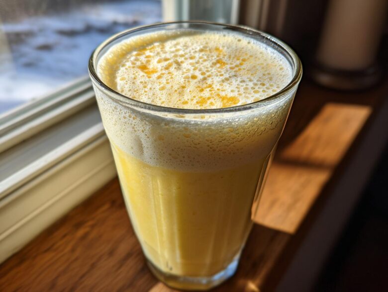 A tall glass filled with a bright yellow Pineapple Coconut Smoothie, topped with foam, sitting on a wooden windowsill.