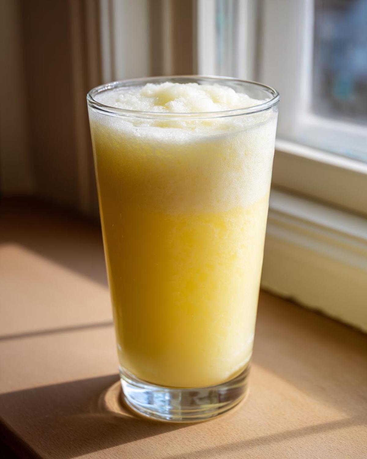 A tall glass filled with a bright yellow Pineapple Coconut Smoothie topped with icy foam.
