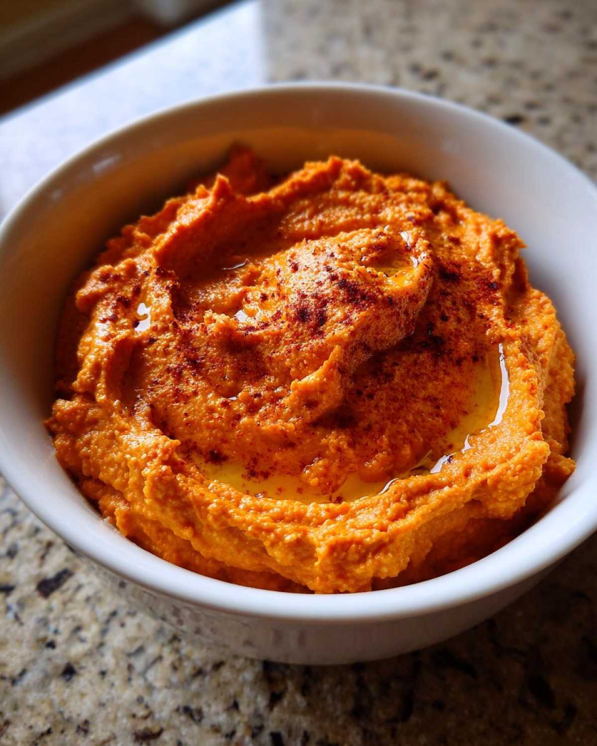 A close-up of vibrant orange Roasted Red Pepper Hummus, swirled and drizzled with olive oil and paprika.