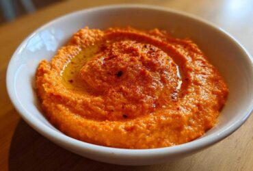 Close-up of vibrant orange Roasted Red Pepper Hummus swirled in a white bowl, drizzled with olive oil and paprika.