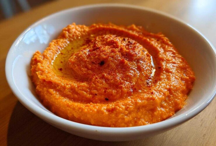 Close-up of vibrant orange Roasted Red Pepper Hummus swirled in a white bowl, drizzled with olive oil and paprika.