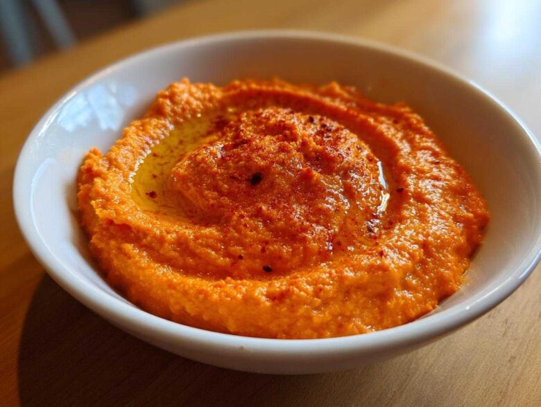 Close-up of vibrant orange Roasted Red Pepper Hummus swirled in a white bowl, drizzled with olive oil and paprika.