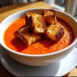 Close-up of vibrant Roasted Tomato Basil Soup topped with crispy Grilled Cheese Croutons.