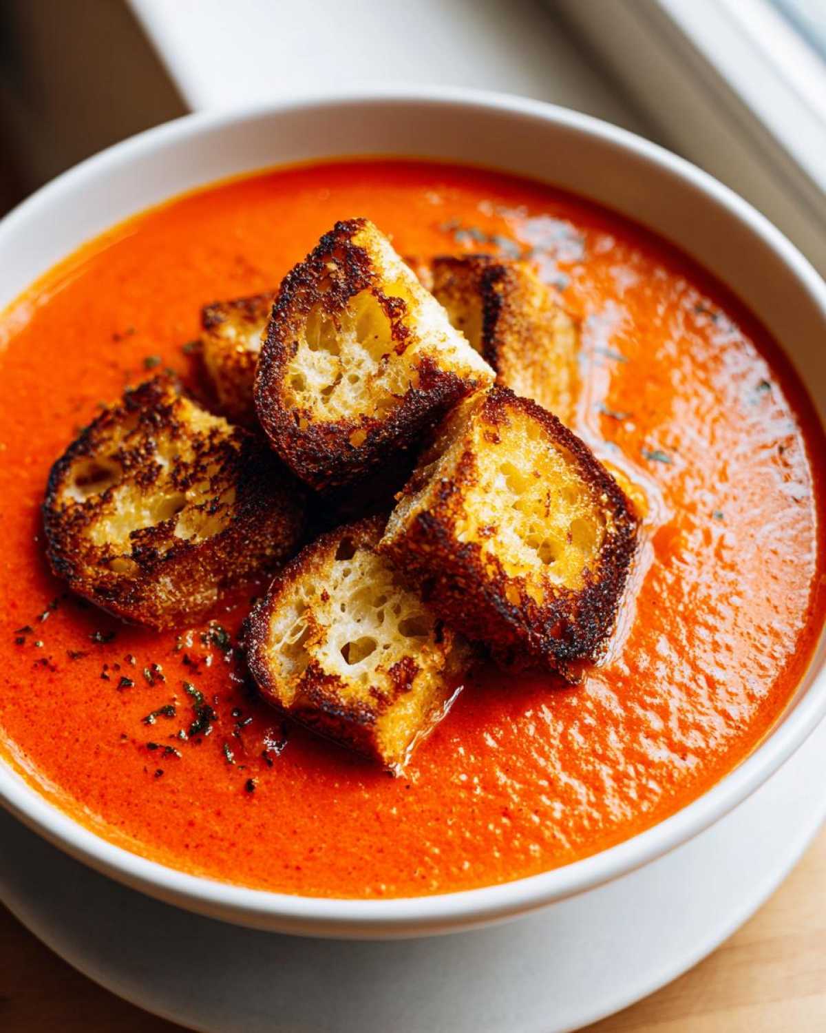 A vibrant bowl of Roasted Tomato Basil Soup topped with golden, crispy Grilled Cheese Croutons.
