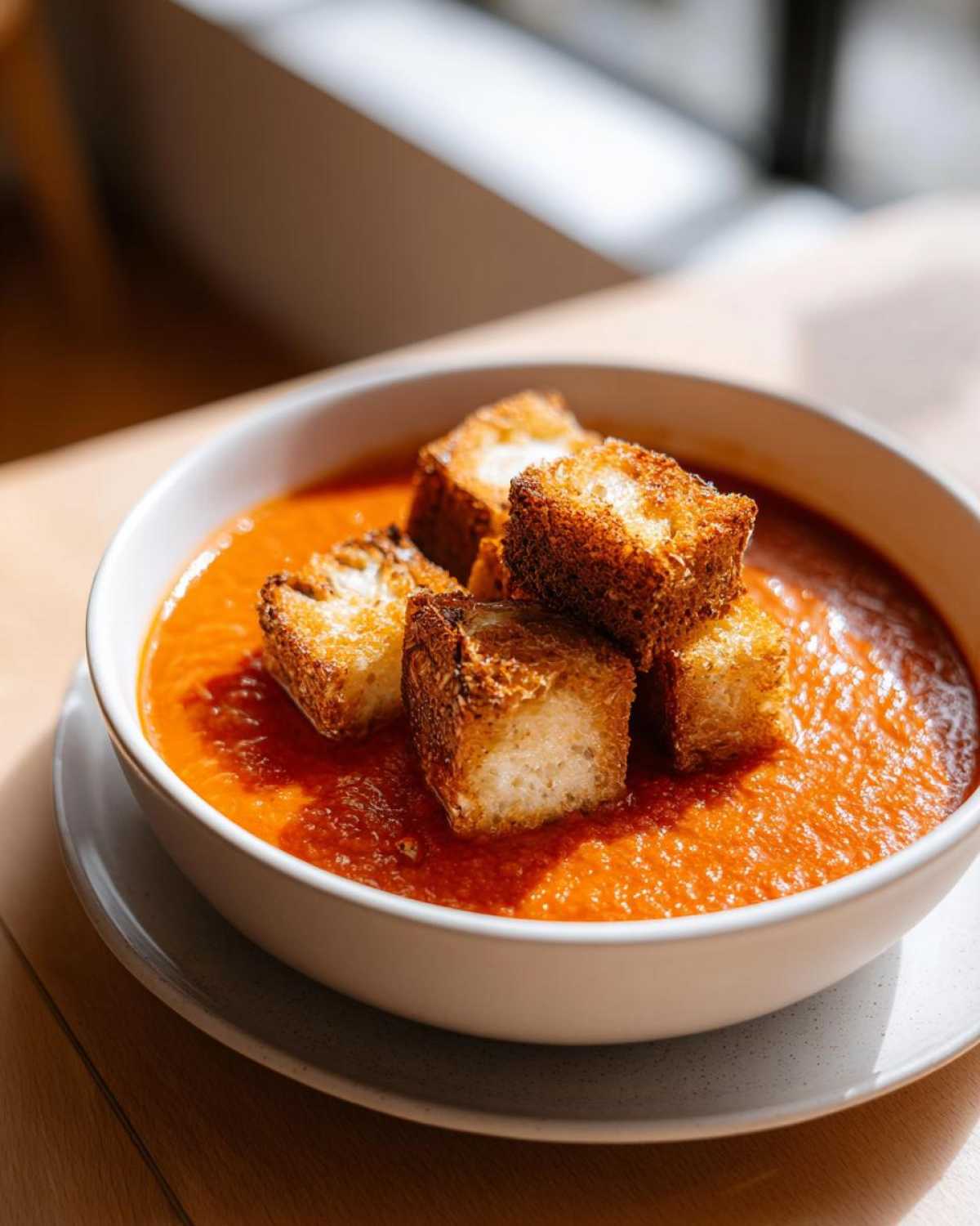 A white bowl filled with vibrant Roasted Tomato Basil Soup topped with golden Grilled Cheese Croutons.