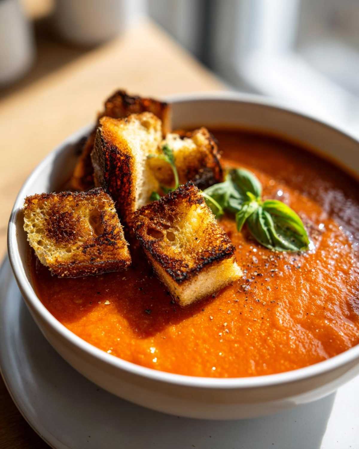 A bowl of vibrant Roasted Tomato Basil Soup topped with crispy grilled cheese croutons and fresh basil.