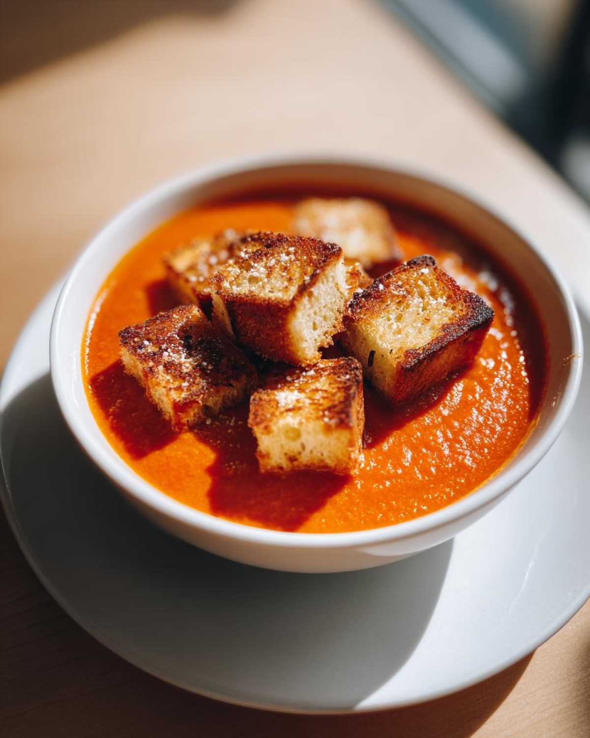 A bright orange bowl of Roasted Tomato Basil Soup topped with golden Grilled Cheese Croutons.