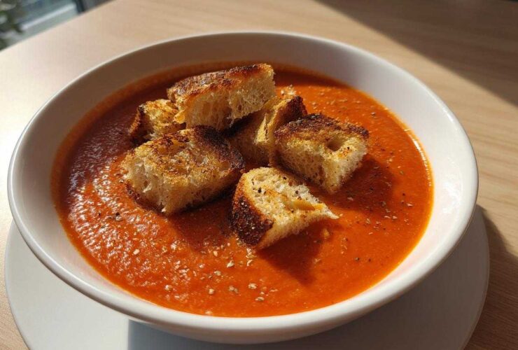A bowl of vibrant Roasted Tomato Basil Soup topped with golden Grilled Cheese Croutons, seasoned with pepper.