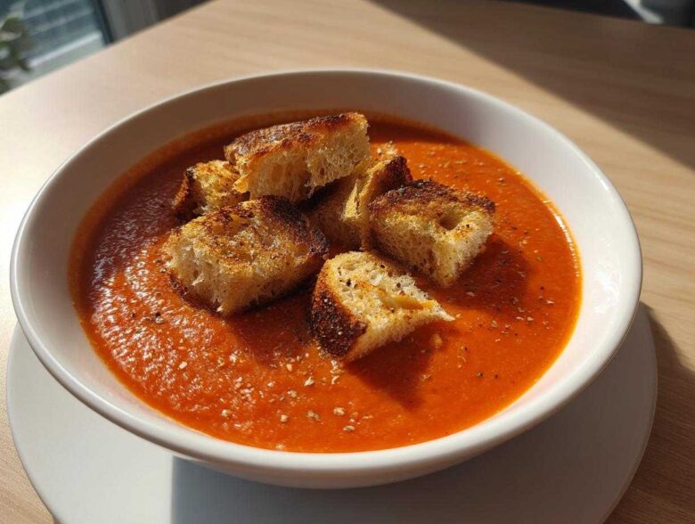 A bowl of vibrant Roasted Tomato Basil Soup topped with golden Grilled Cheese Croutons, seasoned with pepper.