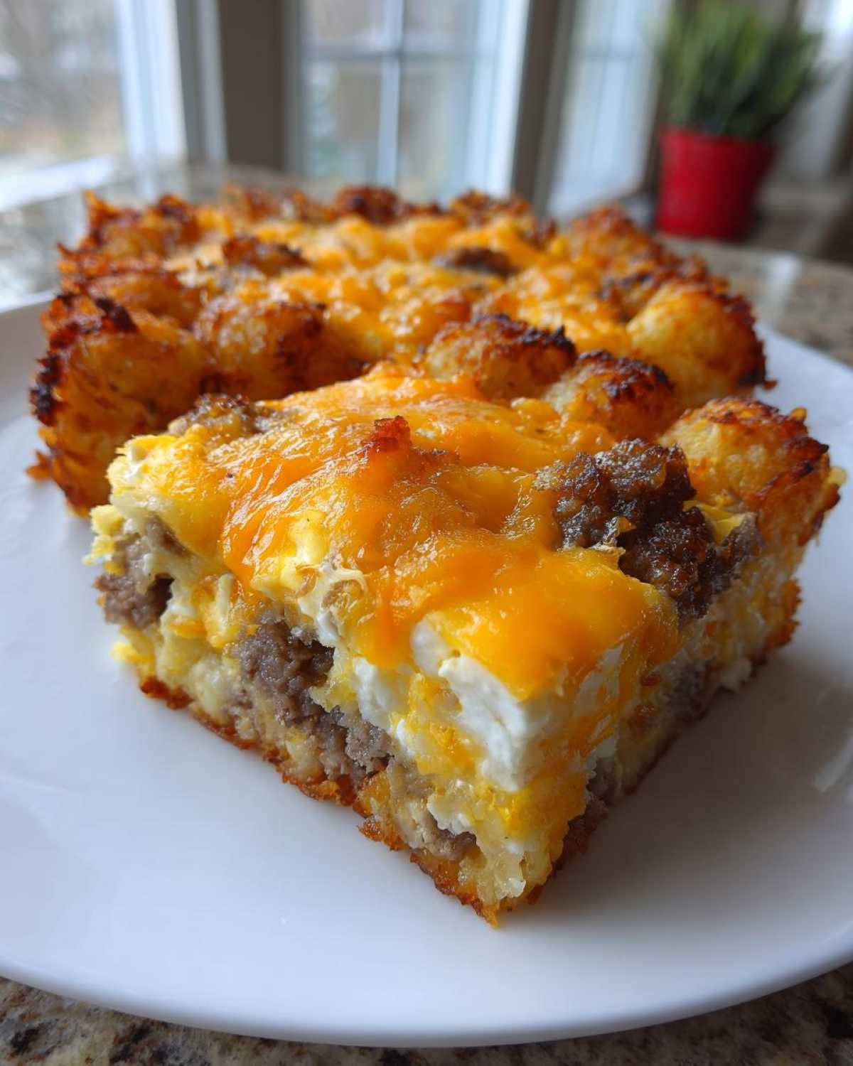 A close-up slice of Tater Tot Breakfast Casserole showing layers of sausage, eggs, and melted cheddar cheese.