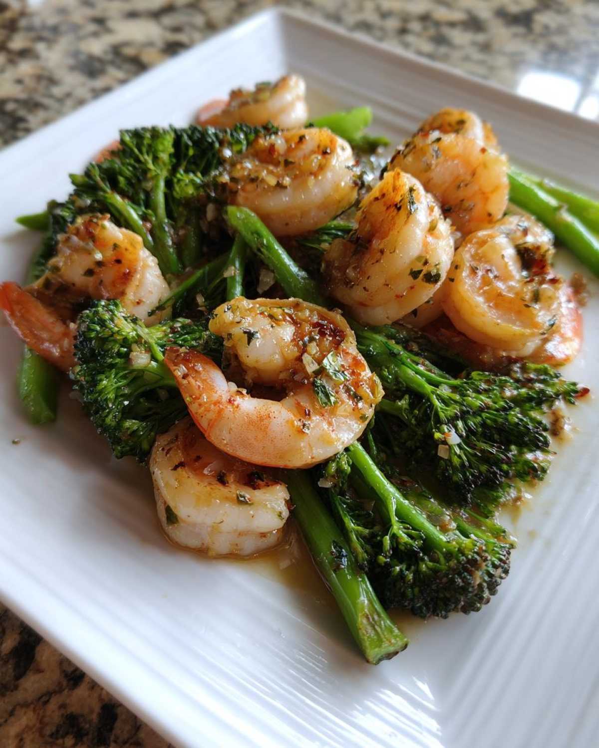 Plated Sheet Pan Garlic Butter Shrimp and Broccoli glistening with sauce on a white dish.