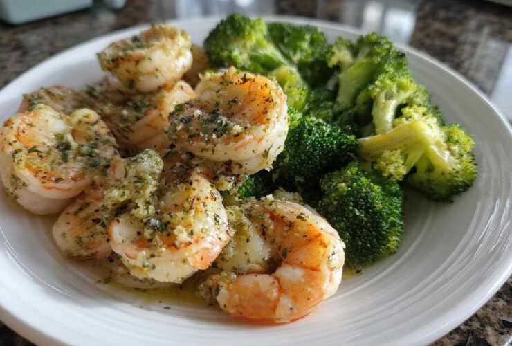A white plate featuring cooked shrimp generously coated in garlic butter sauce next to bright green broccoli florets.